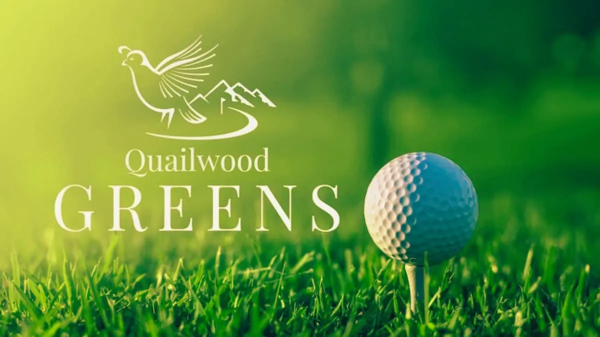 A close-up of a golf ball on the lush green grass at Quailwood Greens, with the course logo visible. The scene radiates a relaxed, leisurely mood, emphasizing the exclusive golfing benefits available to guests.